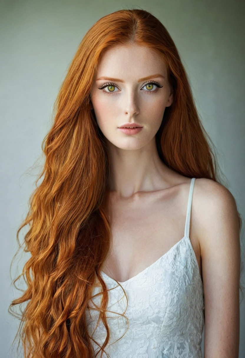 (very_pale_glossy_shiny_skin:1.5), (strong off-screen lighting reflecting off skin), (nude 18 yo ginger girl) with (huge-tits:1.5) and a (youthful_model_face),(vivid_flowing_ginger_hair in a 1960s_hairstyle:1.5), 