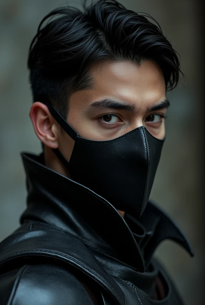 young man. porcelain skin. hair black as night. thick eyebrows. looking sideways. a leather mask covers his mouth. black armor short hair