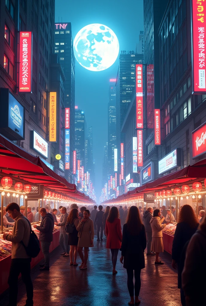 street level shot a full crowd of conversation people in a bazaar with customer from NIGHT market festival in new york beside the street with futuristic city street metropolis night, big moonlight, cyberpunk vibes, neon lights or led screen from holywood brand, symmetrical view and vertical orientation