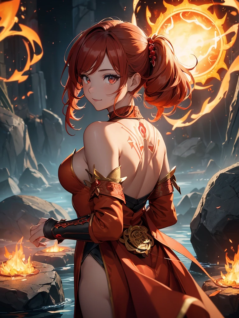 (((best quality, sharp image, clear image, cinematic lighting, 8k resolution, masterpiece, ultra detailed, intricate))) Girl, (((looking over shoulder))), shot from behind, ((half shot)), fire mage, cute, fiery red hair, pigtails in hair, (intricate dress), (white dress), ribbons in hair, smiling, fiery red, ((intricate Portal background)), ((fire magic)), candles, ((glowing runes on skin)), (flame patterns), ((fiery lotus flowers)), busy background., ((fire sigils)), (rock formations), Exploding rock, lavafalls, gauntlets, ((Red rubies)), busy background.