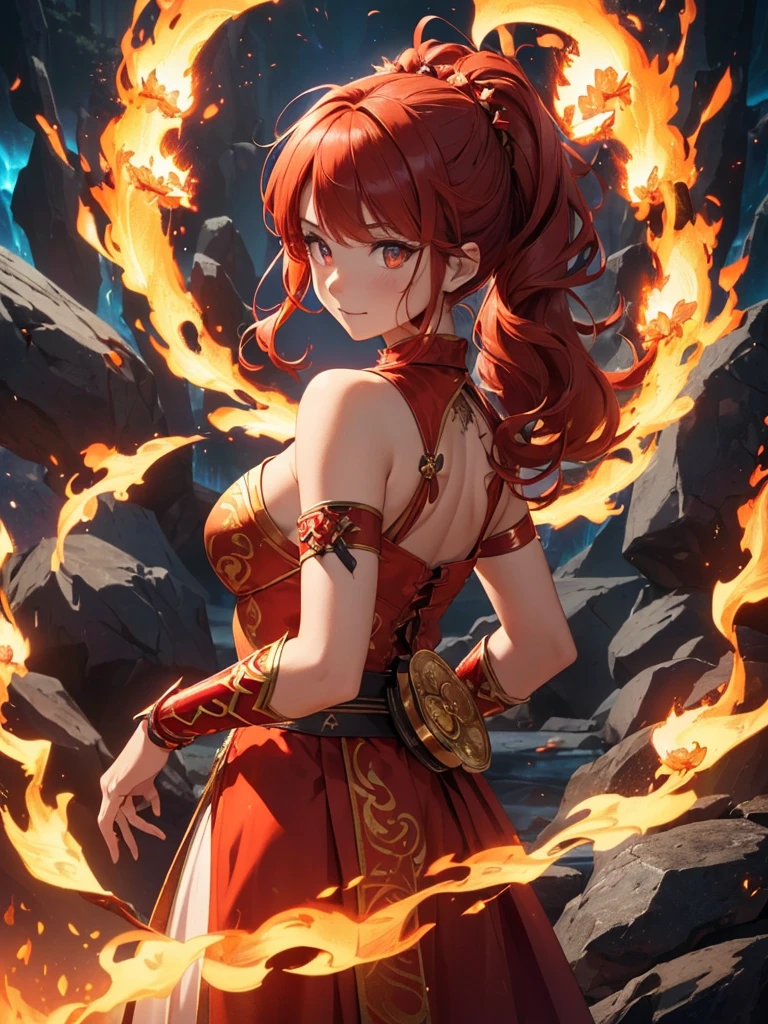 (((best quality, sharp image, clear image, cinematic lighting, 8k resolution, masterpiece, ultra detailed, intricate))) Girl, (((looking over shoulder))), shot from behind, ((half shot)), fire mage, cute, fiery red hair, pigtails in hair, (intricate dress), (white dress), ribbons in hair, smiling, fiery red, ((intricate Portal background)), ((fire magic)), candles, ((glowing runes on skin)), (flame patterns), ((fiery lotus flowers)), busy background., ((fire sigils)), (rock formations), Exploding rock, lavafalls, gauntlets, ((Red rubies)), busy background.