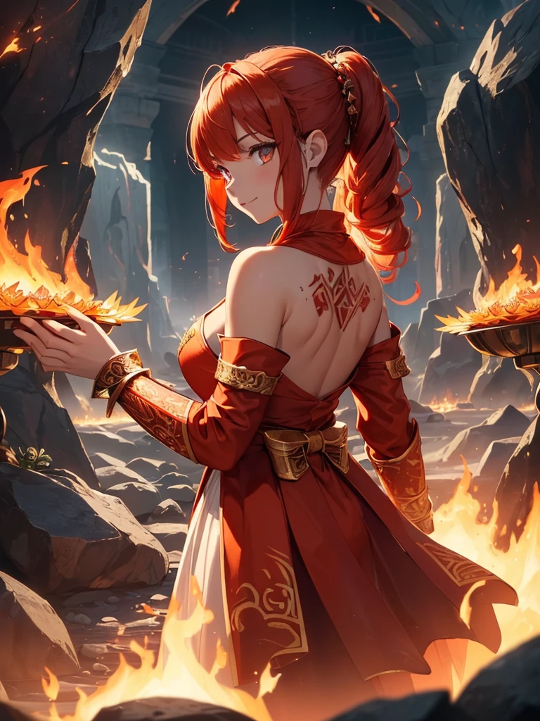 (((best quality, sharp image, clear image, cinematic lighting, 8k resolution, masterpiece, ultra detailed, intricate))) Girl, (((looking over shoulder))), shot from behind, ((half shot)), fire mage, cute, fiery red hair, pigtails in hair, (intricate dress), (white dress), ribbons in hair, smiling, fiery red, ((intricate Portal background)), ((fire magic)), candles, ((glowing runes on skin)), (flame patterns), ((fiery lotus flowers)), busy background., ((fire sigils)), (rock formations), Exploding rock, lavafalls, gauntlets, ((Red rubies)), busy background.