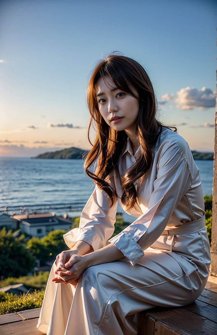 Wearing Korean Ao Dai costume、Get excited、The sky turns red、、Light brown hair、Elegant hairstyle、Blue Eyed Woman、A woman with a cute upward gaze、When the sky gets dark、The sky turns red as the sun sets、Luxury Bagedium Shorthair:1.4))、The sun shines on her、Light brown hair、Light brown hair、The sky was dyed red、There are clouds、private's cute、彼女のAmple breastsは服の上からでも明らかです.、輝く太陽はとてもbeautiful、Dusk is approaching、Lens flare、I can see the sunset、((Sunlight reflecting off the ocean、Ocean View、The sun shines on the sea、'beautiful.、Small earrings、private'evening、Birds are also flying、、Brown Hair Color、Tying up hair、The woman is on the right:1.4))、Luxury leather belts、Shiny clothes、Light beige hair color、Background Blur、Braid only the front hair、Light brown hair、{{Cowgirl Shot}}、((Close-up shot from the waist up、Ample breasts:1.4))、Braid only the front hair、Cowboy Shot、((Ample breasts))、Full body photo、ring、Tuck your hair behind one ear、Silver Necklace、smile、 Elegant ponytail、Caustics、Highly detailed photos、Very beautiful and ideal short hair、Super no makeup、(8k、RAW Photos、Highest quality、masterpiece:1.2)、(Realistic、Realistic)、1 person、((Medium Short Hair、Looking into the camera:1.4))、Hair blowing in the wind