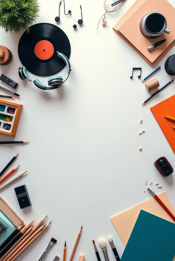a horizontal image on one side things about listening to music and on the other side things about drawings