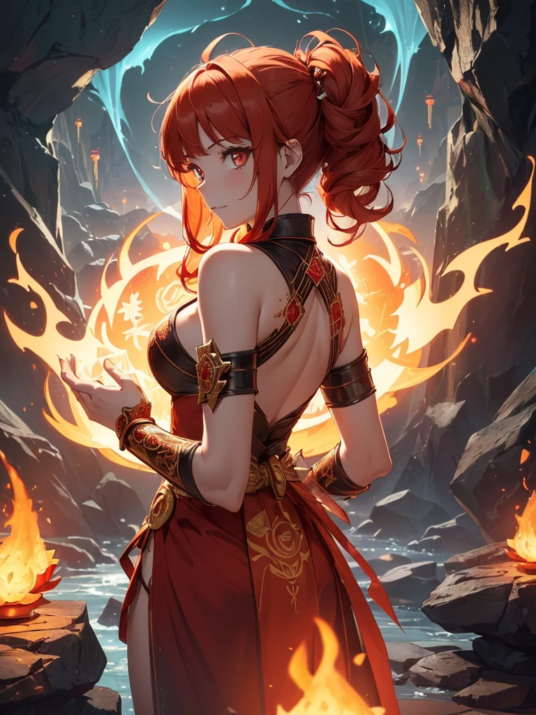 (((best quality, sharp image, clear image, cinematic lighting, 8k resolution, masterpiece, ultra detailed, intricate))) Girl, (((looking over shoulder))), shot from behind, ((half shot)), fire mage, cute, fiery red hair, pigtails in hair, (intricate dress), (white dress), ribbons in hair, smiling, fiery red, ((intricate Portal background)), ((fire magic)), candles, ((glowing runes on skin)), (flame patterns), ((fiery lotus flowers)), busy background., ((fire sigils)), (rock formations), Exploding rock, lavafalls, gauntlets, ((Red rubies)), busy background.