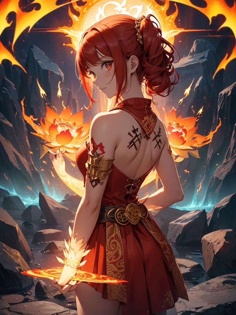 (((best quality, sharp image, clear image, cinematic lighting, 8k resolution, masterpiece, ultra detailed, intricate))) Girl, (((looking over shoulder))), shot from behind, ((half shot)), fire mage, cute, fiery red hair, pigtails in hair, (intricate dress), (white dress), ribbons in hair, smiling, fiery red, ((intricate Portal background)), ((fire magic)), candles, ((glowing runes on skin)), (flame patterns), ((fiery lotus flowers)), busy background., ((fire sigils)), (rock formations), Exploding rock, lavafalls, gauntlets, ((Red rubies)), busy background.