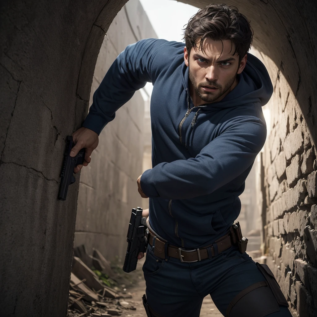 "Create a photorealistic illustration of a dark-skinned man in a dangerous situation in an underground location.
The man has strong, angular features, with tanned skin and short dark hair. His blue eyes convey an expression of alert and concern. His body is muscular and athletic, and he firmly holds a firearm with firm, ready hands. In addition to wearing dark clothes.
He is in a dark, underground environment, possibly a tunnel. Stone or concrete walls create a feeling of confinement and isolation. The lighting is dim and shadowy, casting unsettling shadows across the character's tense face.
The composition of the scene should create a feeling of imminent danger, with the character in an alert position, ready to react to an unknown threat. The lighting and color palette should convey an oppressive and threatening atmosphere, accentuating the tension of the situation.
Through facial expression, body posture and hostile environment, the illustration must convey a sense of vulnerability, adrenaline and the urgent need for survival. Realistic details, such as the texture of the weapons and the determined expression of the character, should reinforce the authenticity of the scene."