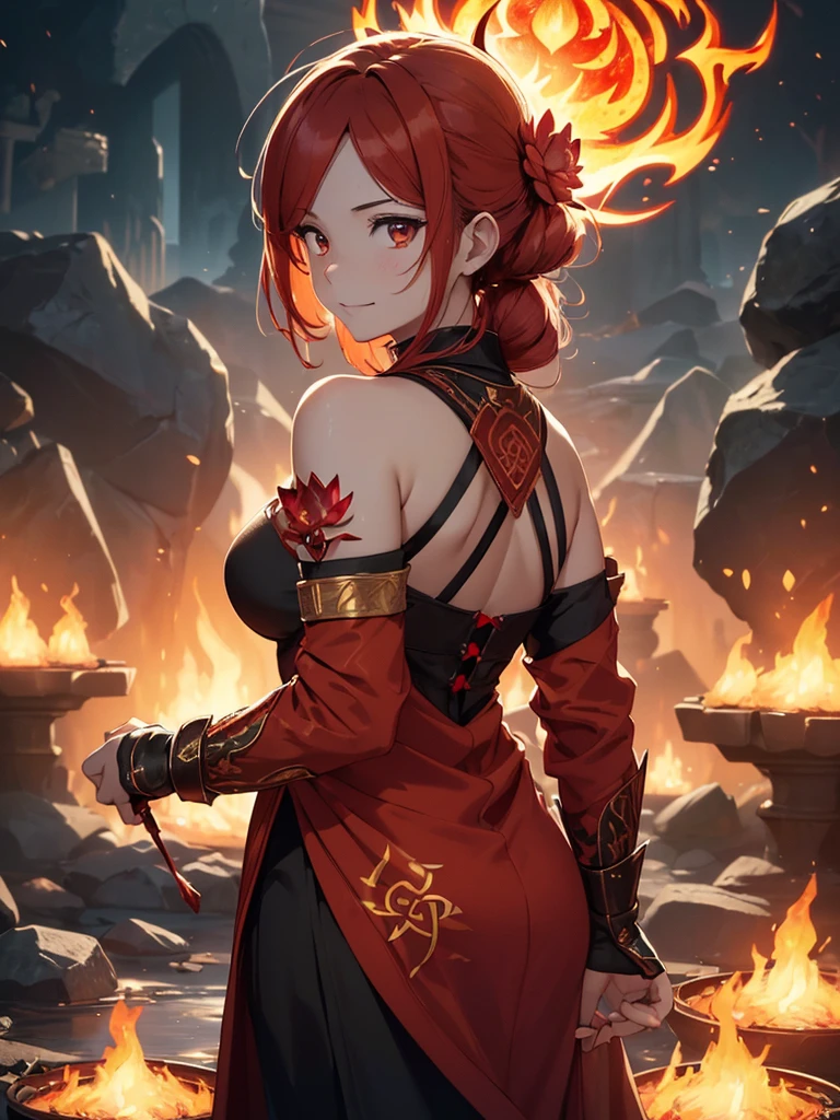 (((best quality, sharp image, clear image, cinematic lighting, 8k resolution, masterpiece, ultra detailed, intricate))) Girl, (((looking over shoulder))), shot from behind, ((half shot)), fire mage, cute, fiery red hair, pigtails in hair, (intricate dress), (white dress), ribbons in hair, smiling, fiery red, ((intricate Portal background)), ((fire magic)), candles, ((glowing runes on skin)), (flame patterns), ((fiery lotus flowers)), busy background., ((fire sigils)), (rock formations), Exploding rock, lavafalls, gauntlets, ((Red rubies)), busy background.
