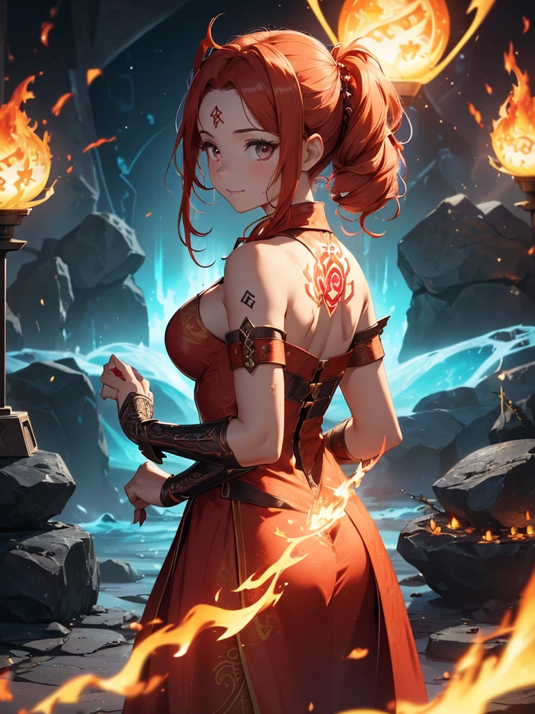 (((best quality, sharp image, clear image, cinematic lighting, 8k resolution, masterpiece, ultra detailed, intricate))) Girl, (((looking over shoulder))), shot from behind, ((half shot)), fire mage, cute, fiery red hair, pigtails in hair, (intricate dress), (white dress), ribbons in hair, smiling, fiery red, ((intricate Portal background)), ((fire magic)), candles, ((glowing runes on skin)), (flame patterns), ((fiery lotus flowers)), busy background., ((fire sigils)), (rock formations), Exploding rock, lavafalls, gauntlets, ((Red rubies)), busy background.