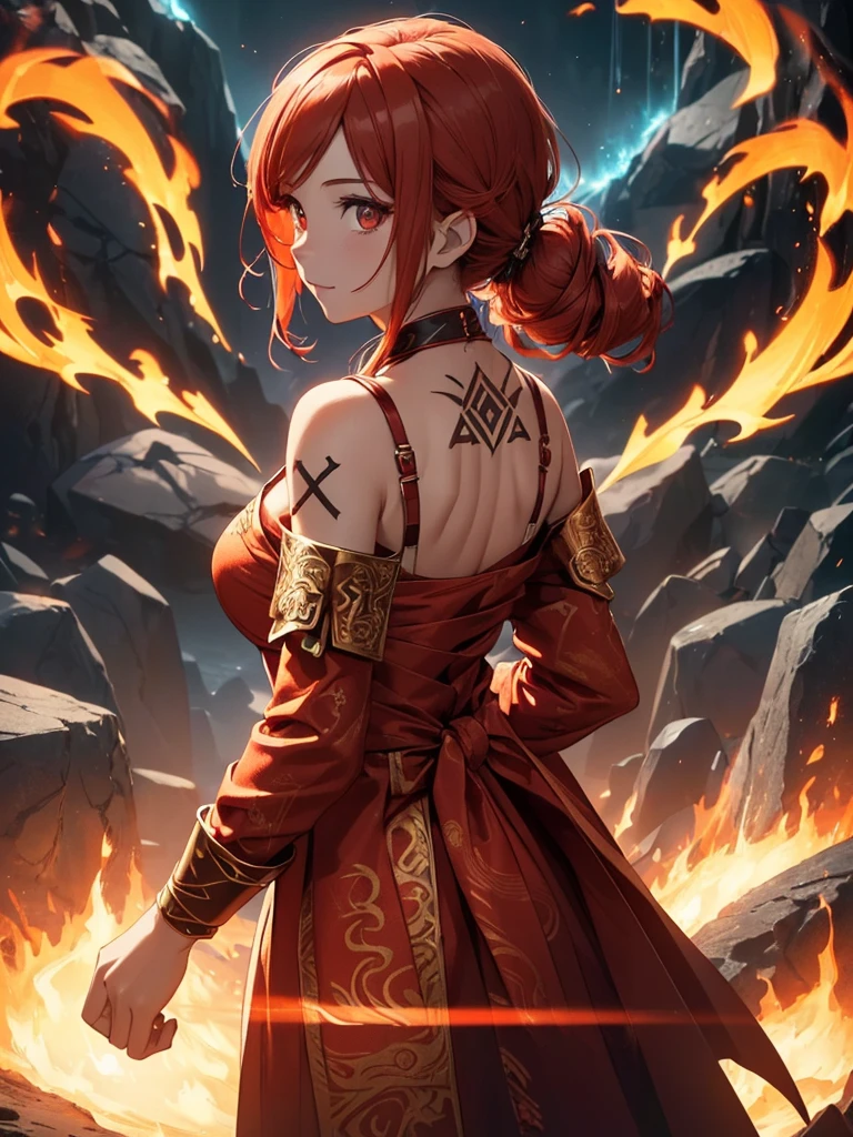 (((best quality, sharp image, clear image, cinematic lighting, 8k resolution, masterpiece, ultra detailed, intricate))) Girl, (((looking over shoulder))), shot from behind, ((half shot)), fire mage, cute, fiery red hair, pigtails in hair, (intricate dress), (white dress), ribbons in hair, smiling, fiery red, ((intricate Portal background)), ((fire magic)), candles, ((glowing runes on skin)), (flame patterns), ((fiery lotus flowers)), busy background., ((fire sigils)), (rock formations), Exploding rock, lavafalls, gauntlets, ((Red rubies)), busy background.