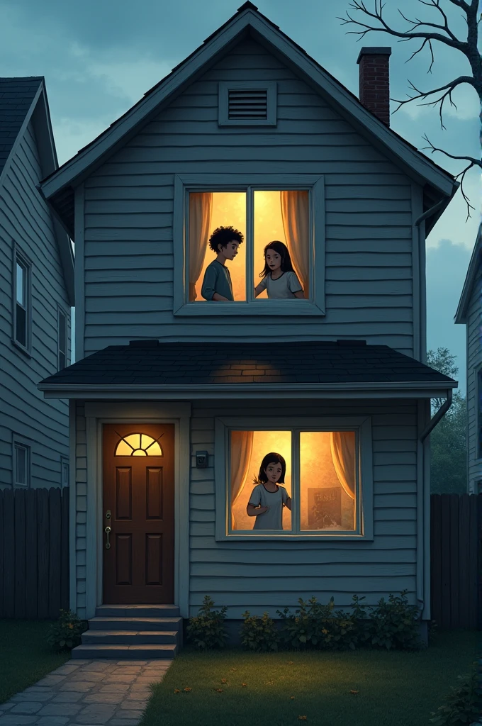 A two-story house with open windows and a girl and her mother asking for help in a window