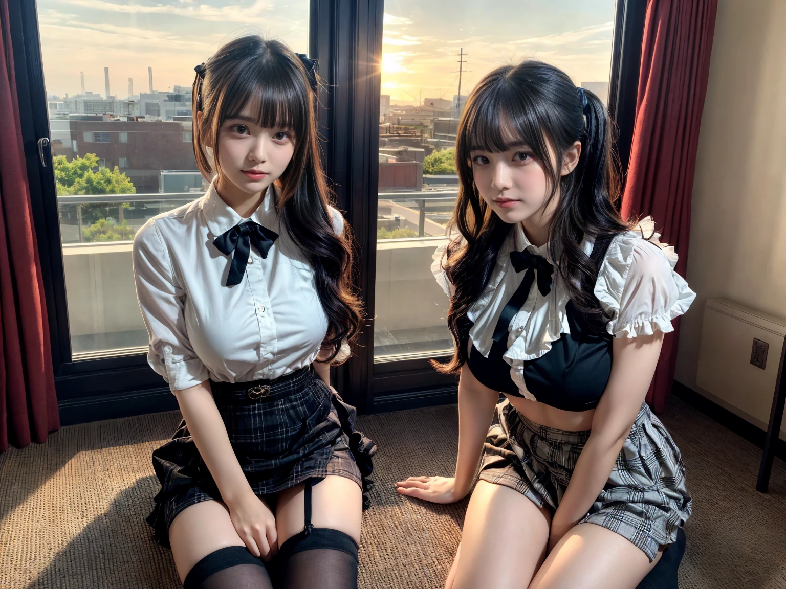 masterpiece, best quality, illustration, Super detailed, fine details, High resolution, 8K,wall paper, perfect dynamic composition,(Details High quality, realistic depiction of eyes:1.3), (2 girls), short hair, (wavy hair:1.2), (Ruffled shirt、)(Checked mini skirt、red、black、), pony tail hair, huge breasts, black hair color, Big Natural Color Lip, bold sexy pose, crying a little、little smile, Harajuku style、20 year old girl、cute type、lolita、beautiful legs, hotel room, full body photo、focus on crotch, hposing Gravure Idol, Sexy shot looking at camera, Sunset, by the window, Summer, knee sox, make up, Curve