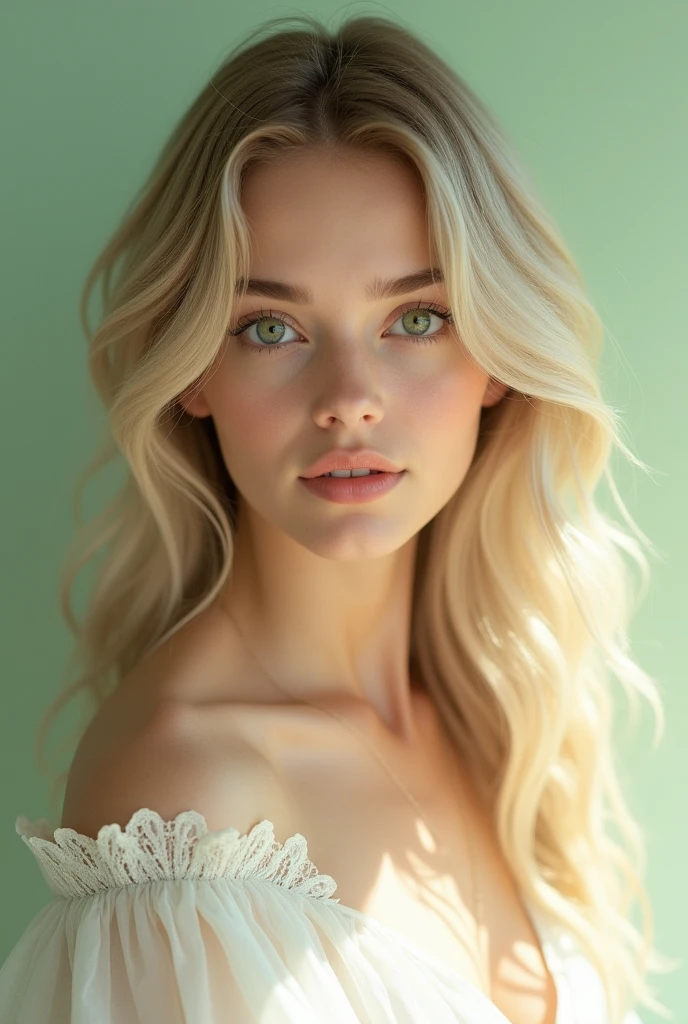 (photorealism:1) A white skin, light blonde, pretty 20 y/o girl, with green eyes, straight nose and full lips. Soft face features. Very long medium wavy hair with madium bangs. Wearing a white dress. With a light green background.