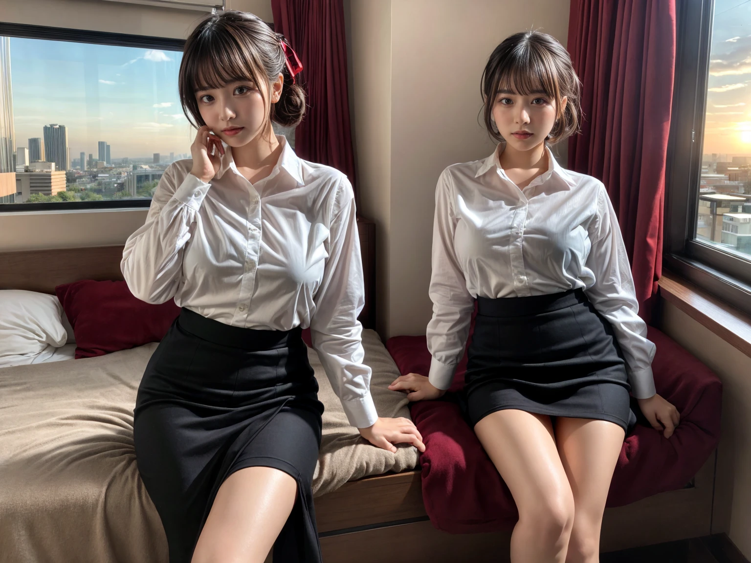 masterpiece, best quality, illustration, Super detailed, fine details, High resolution, 8K,wall paper, perfect dynamic composition,(Details High quality, realistic depiction of eyes:1.3), (2 girls), short hair, Office Lady, ,Suit,Collared shirt, Black Suit,Black jacket, updo, ????????????,  black hair color, Big Natural Color Lip, bold ???? pose, crying a little、cold gaze, Harajuku style、20 year old girl、cute type、lolita、beautiful legs, hotel room, full body photo、focus on ??????, hposing Gravure Idol, ???? shot looking at camera, Sunset, by the window, Summer, make up, Curve