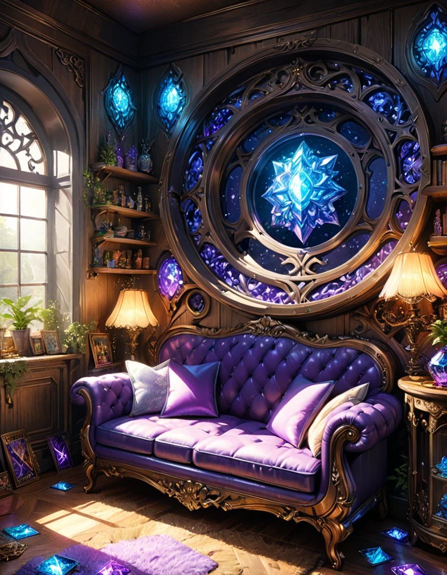 detailed textures, high quality, high resolution, high precision, realism, color correction, correct lighting settings, harmonious composition. A vibrant, detailed digital painting of an enchanted room filled with magical blue and purple crystal objects, tarot cards, amulets, runes on the walls, shelves, tables, couches, windows, magical artifacts like glowing crystals, ornate wooden furniture. The color scheme is vivid and striking, creating a dreamy atmosphere. colorful illustrations, highly detailed, high resolution, natural lighting, sharp focus, highly detailed illustration, high definition, in the style of octane rendering, hyper realistic. --ar 3:4 --niji 6