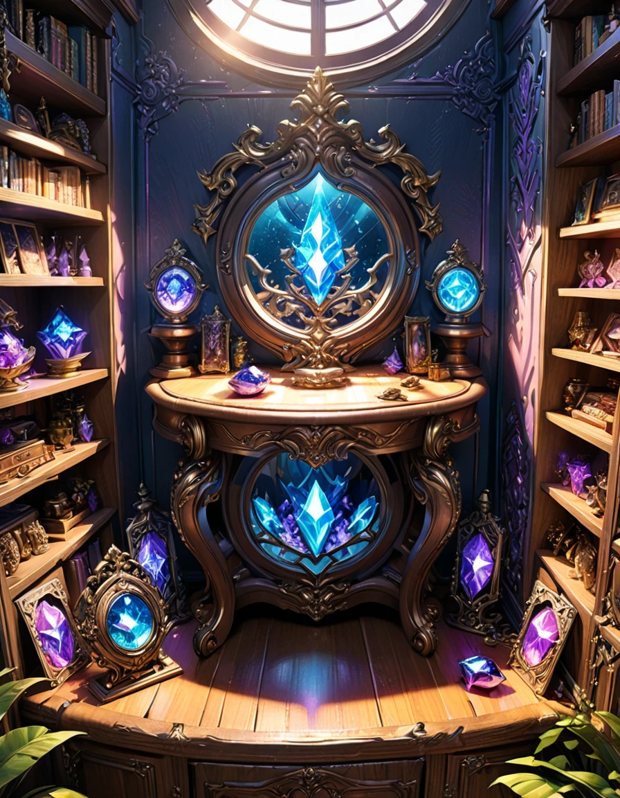 detailed textures, high quality, high resolution, high precision, realism, color correction, correct lighting settings, harmonious composition. A vibrant, detailed digital painting of an enchanted room filled with magical blue and purple crystal objects, tarot cards, amulets, runes on the walls, shelves, tables, couches, windows, magical artifacts like glowing crystals, ornate wooden furniture. The color scheme is vivid and striking, creating a dreamy atmosphere. colorful illustrations, highly detailed, high resolution, natural lighting, sharp focus, highly detailed illustration, high definition, in the style of octane rendering, hyper realistic. --ar 3:4 --niji 6