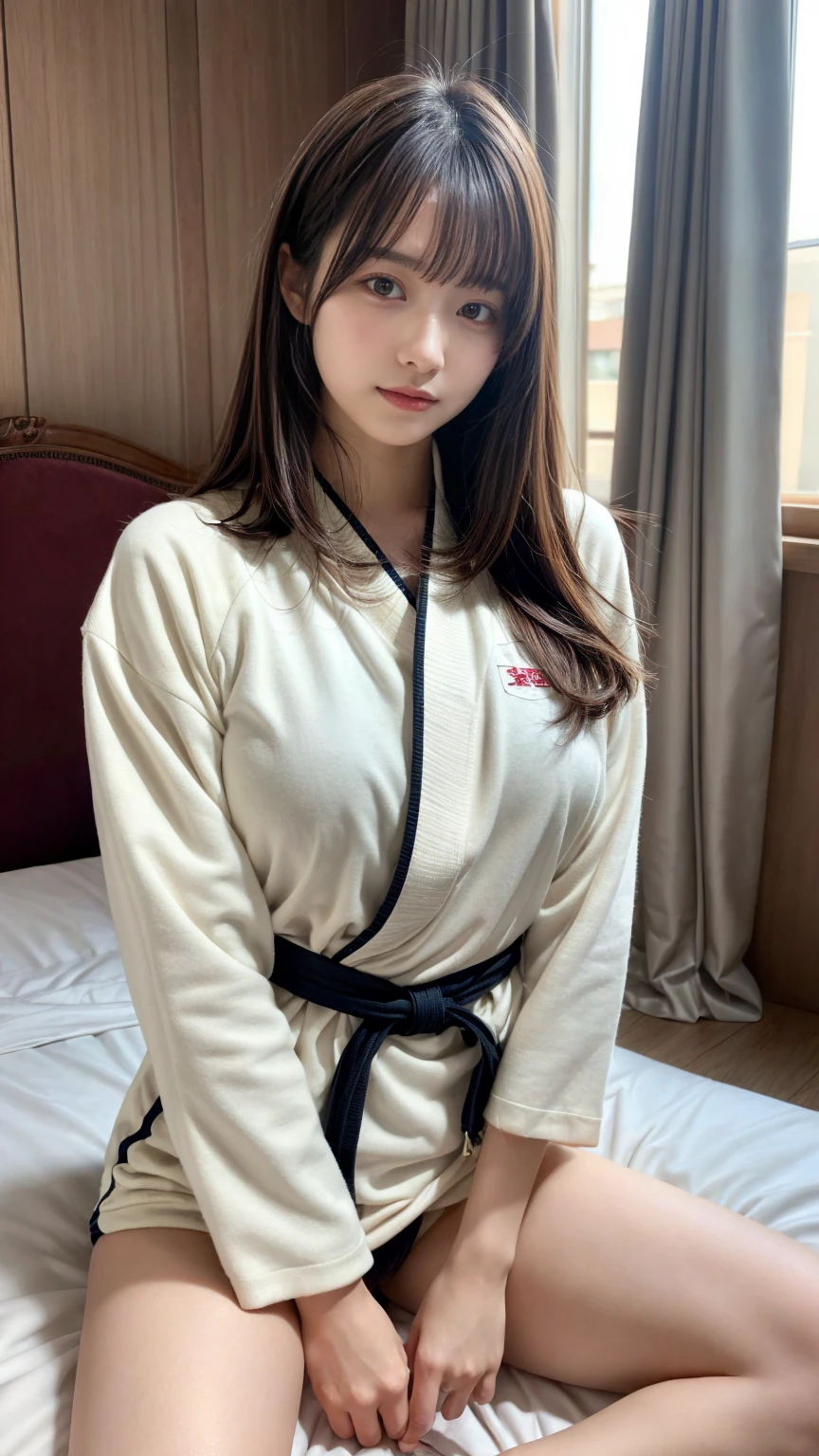 masterpiece, best quality, illustration, Super detailed, fine details, High resolution, 8K,wall paper, perfect dynamic composition,(Details High quality, realistic depiction of eyes:1.3), oversized judo uniform white, sitting, open legs, short bob hair, in a hotel room in the background, large breasts, black hair color, Big Natural Color Lip, (perfect body shape), crying a little、Harajuku style、20 year old girl、cute type、beautiful legs, Gravure Idol