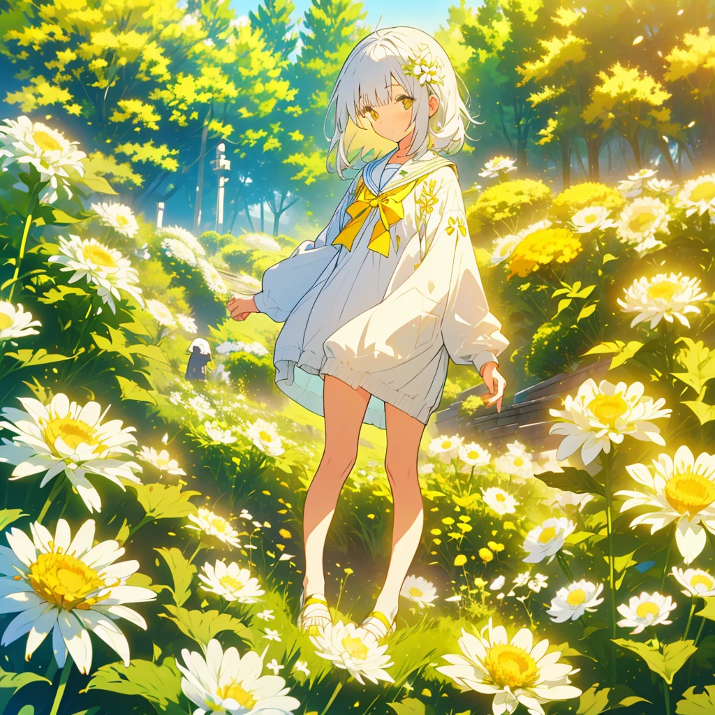 A girl stands on a hill with small white chrysanthemums with yellow centers at her feet、Quietly grieving