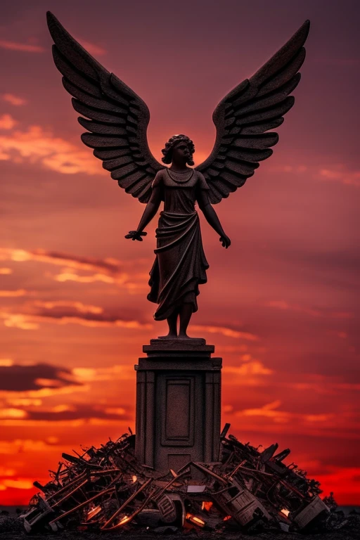 a small statue of an angel surrounded by souls in the middle of a world in ruins with a red sky and a red apocalyptic theme