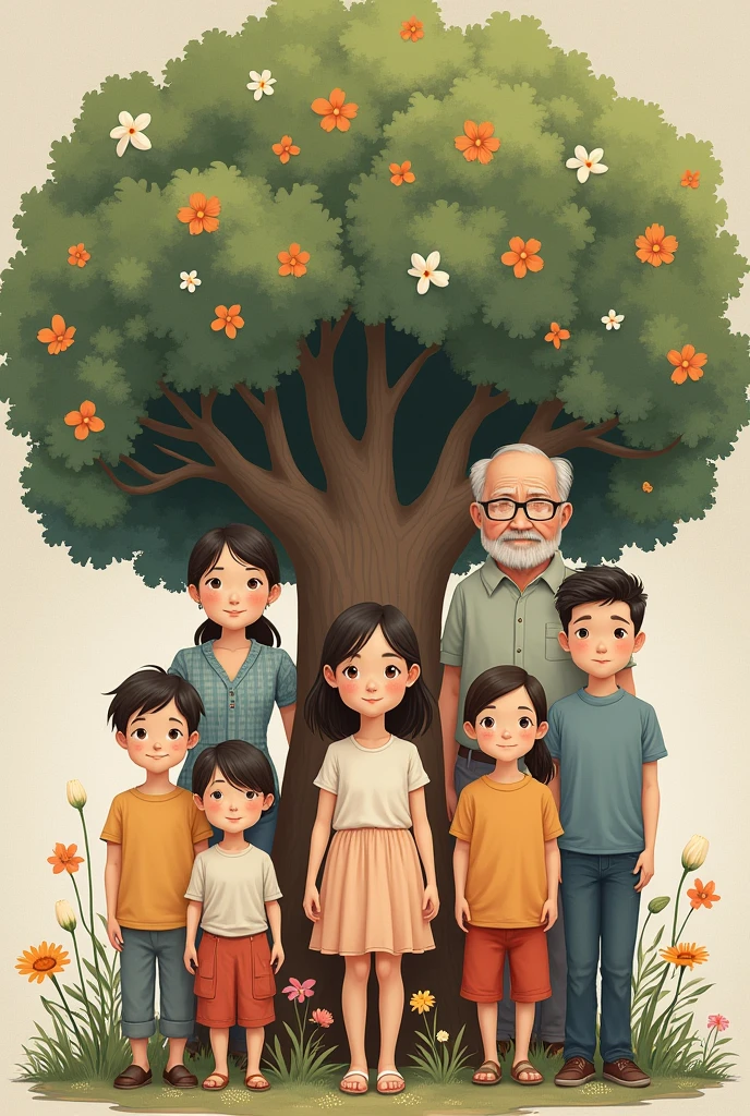I would like a family tree with a girl in the center next to her brother and sister at the top the parents next to the parents an uncle and an aunt and to finish at the top the grandparents