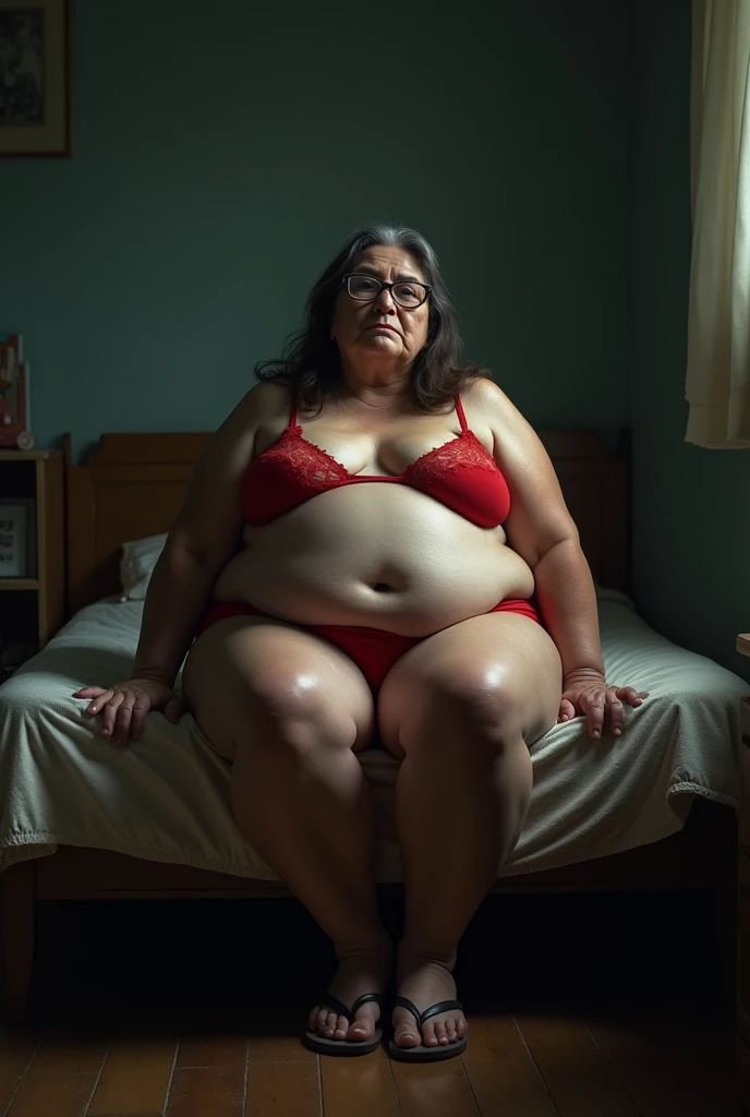 An elderly woman aged 65, with an easy, suffering expression and strong features, with an obese body weighing 65 kilos, 167 centimeters tall, thick legs and very large, saggy breasts, with long black hair. She is wearing prescription glasses, a transparent red lingerie and flip-flops. She is seen in full body on a bed in a humble room at night with the lighting low..