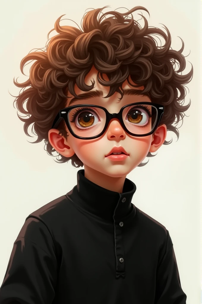 A 2d image of a curly-haired boy with glasses, brown hair, half-slanted eyes, and wearing a black oversized shirt and a black turtleneck sweater, With pale skin 