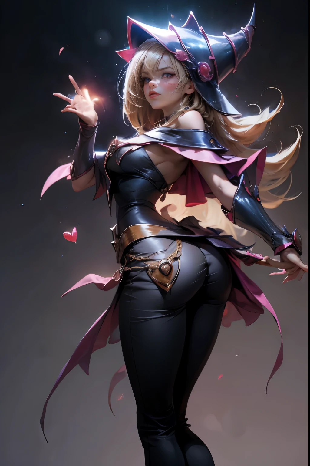 dark magician gils, with high-heels. Pants, Stupid.  sexy, Subjective and sensual pose, standing showing her butt.  Se le salen la Stupid roja. magic background. Magical heart in the air. magic circle 