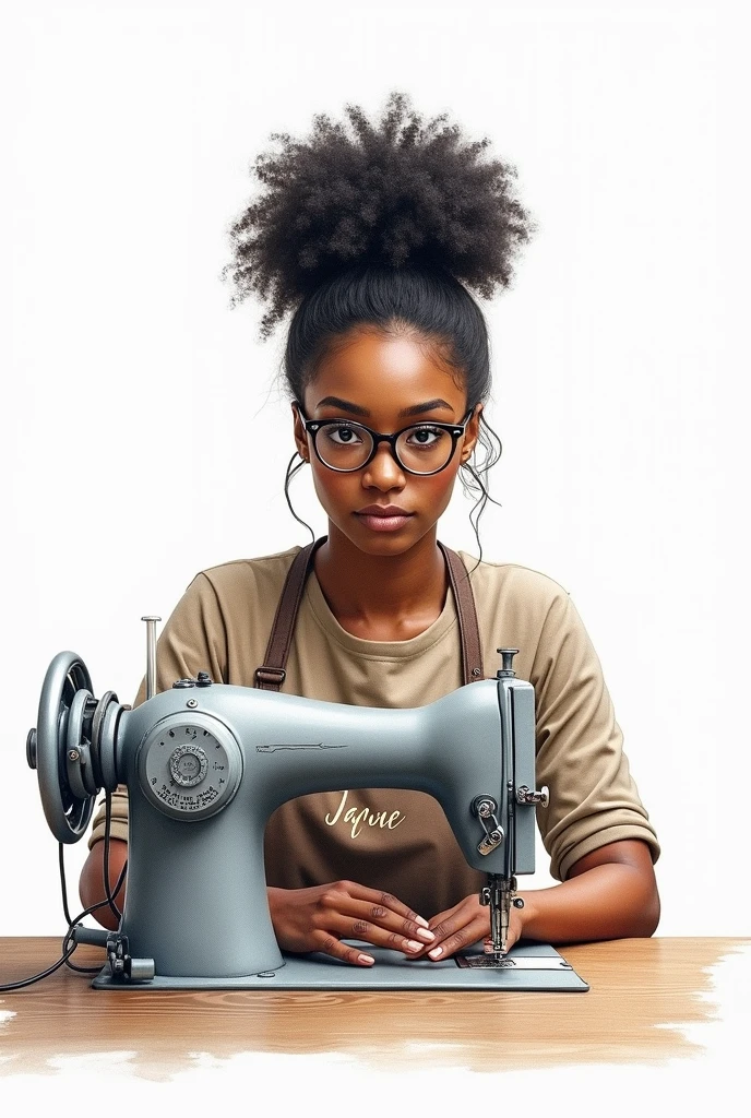 Drawing of a black woman with curly hair tied up and glasses with a sewing machine and a white background with her name on the apron Jaque