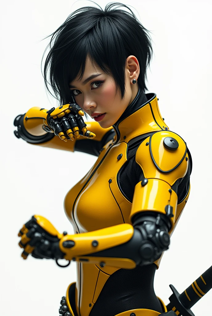 best quality, masterpiece, aesthetic, full-body dynamic pose high quality, 1girl punching, android, (yellow and black) upper armor, mechanical arms, short punk hair, black hair, white background, intense expression, looking at viewer, (simple background:1.4) a (giraffe pattern outfit) yellow and black outfit,sword,beautiful cyberpunk woman,cyberpunk angry gorgeous goddess,beautiful cyborg girl ,hyper realistic,intricate details,cinematic lighting,vibrant colors,award winning,stunning,masterpiece