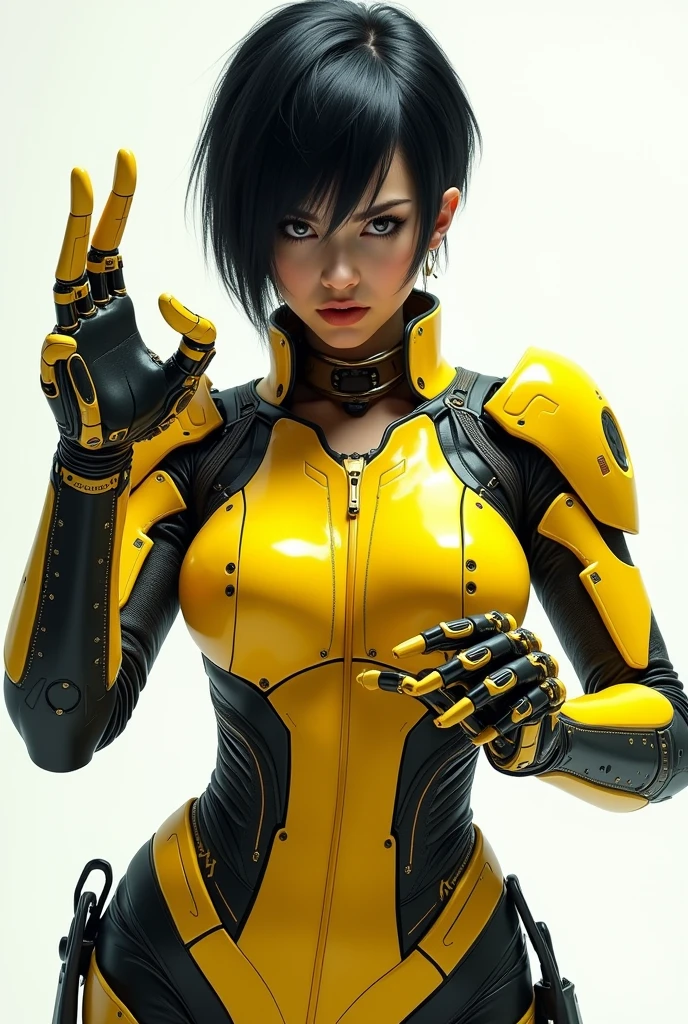 best quality, masterpiece, aesthetic, full-body dynamic pose high quality, 1girl punching, android, (yellow and black) upper armor, mechanical arms, short punk hair, black hair, white background, intense expression, looking at viewer, (simple background:1.4) a (giraffe pattern outfit) yellow and black outfit,sword,beautiful cyberpunk woman,cyberpunk angry gorgeous goddess,beautiful cyborg girl ,hyper realistic,intricate details,cinematic lighting,vibrant colors,award winning,stunning,masterpiece