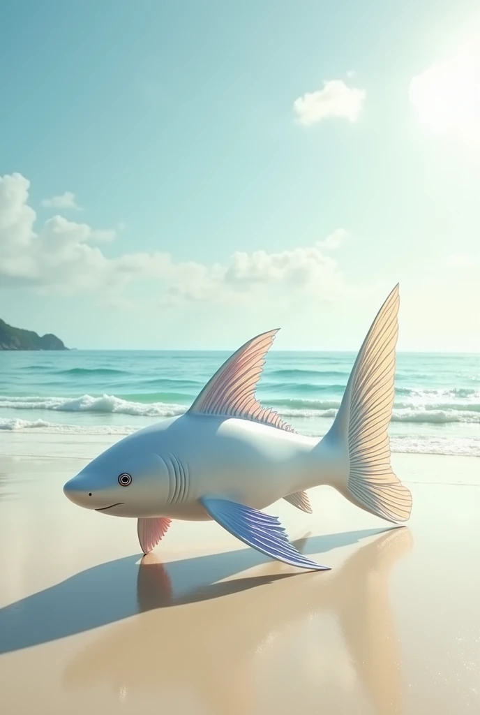 A fusion between a white shark and a betta fish with the beach and the sea in the background Minimalist