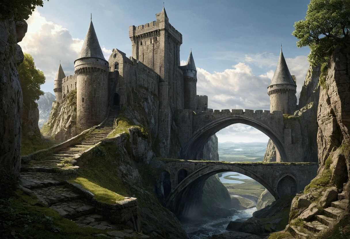 Créez des chefs-d'œuvre dystopiques,Représentez une forteresse détruite dans un style artistique conceptuel de jeu réaliste.. L'œuvre d'art doit évoquer un sentiment de désolation et de désespoir antique , monde de Tolkien. Gardez un œil sur les subtilités des détails, netteté, et une description très détaillée de la citadelle en ruines. Inspirez-vous des styles artistiques de Wayne Barlow et Zdislav Beksiński. Livrez cette image au format d'affichage vidéo, Montrez la sombre beauté de ce monde en décomposition.