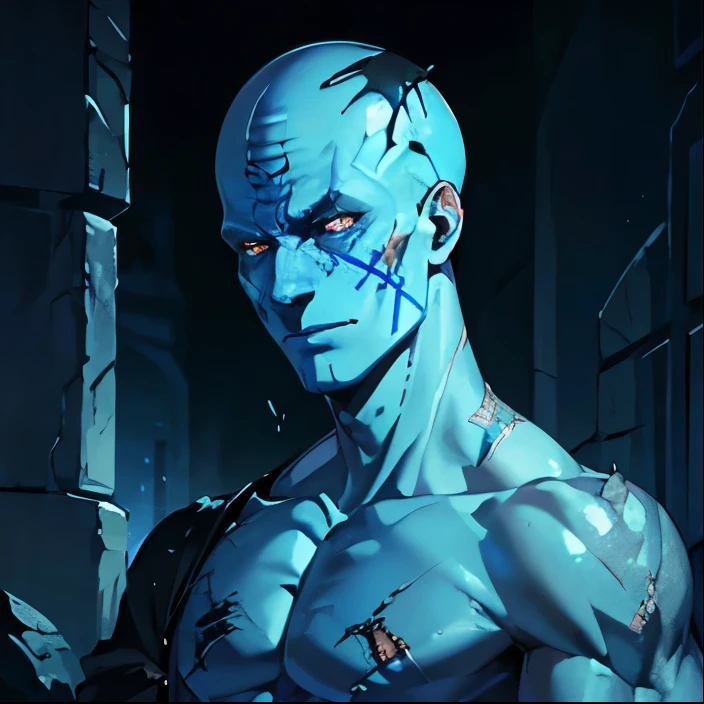 Blue bald man, (royal blue skin: 1.5), (covered with ugly scars, burns, and stone patches: 1.3), evil smirk, forest backdrop, shirtless