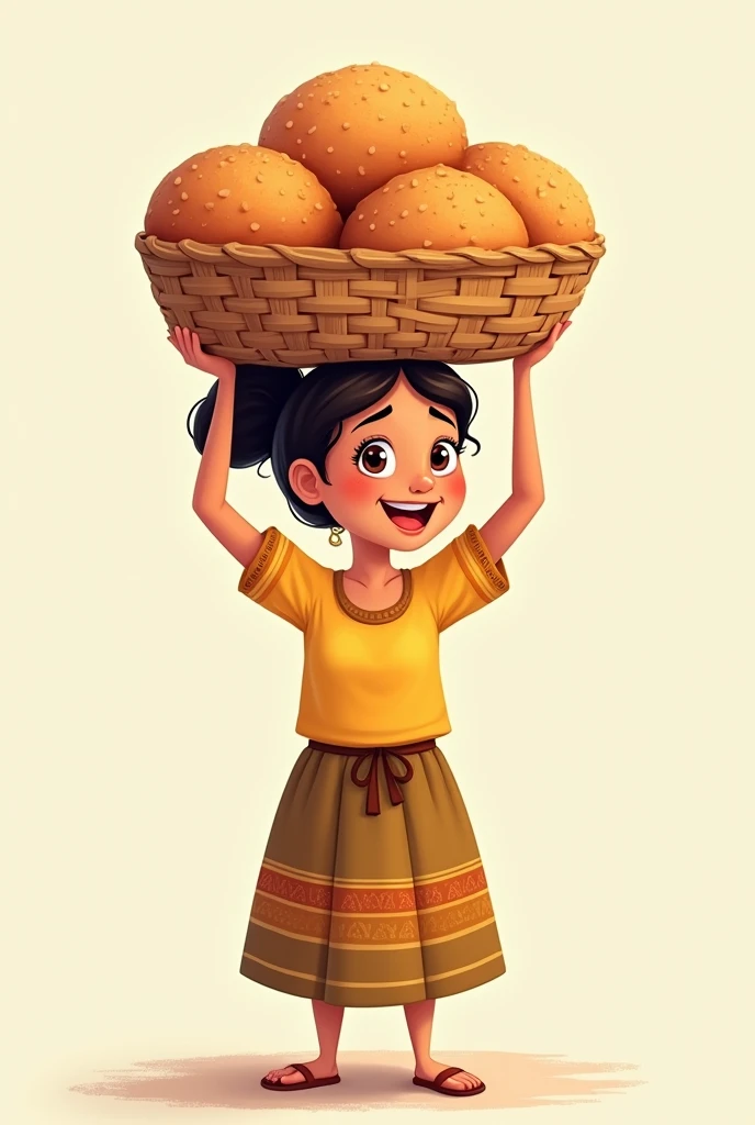 A cartoon logo-type drawing of a short, somewhat plump woman with a beautiful, friendly smile carrying a basket of Paraguayan chipa on her head