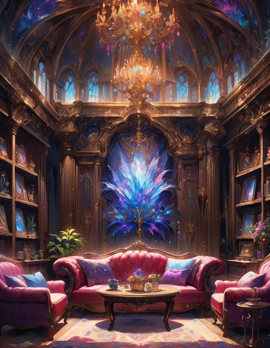 detailed textures, high quality, high resolution, high precision, realism, color correction, correct lighting settings, harmonious composition. A vibrant, detailed digital painting of an enchanted room filled with magical blue and purple crystal objects, tarot cards, amulets, runes on the walls, shelves, tables, couches, windows, magical artifacts like glowing crystals, ornate wooden furniture. The color scheme is vivid and striking, creating a dreamy atmosphere. colorful illustrations, highly detailed, high resolution, natural lighting, sharp focus, highly detailed illustration, high definition, in the style of octane rendering, hyper realistic. --ar 3:4 --niji 6