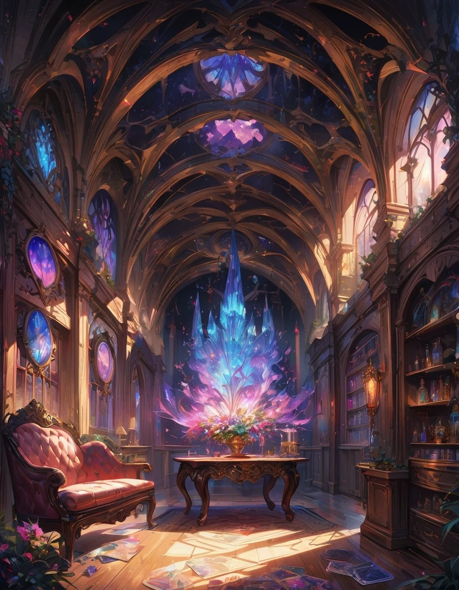 detailed textures, high quality, high resolution, high precision, realism, color correction, correct lighting settings, harmonious composition. A vibrant, detailed digital painting of an enchanted room filled with magical blue and purple crystal objects, tarot cards, amulets, runes on the walls, shelves, tables, couches, windows, magical artifacts like glowing crystals, ornate wooden furniture. The color scheme is vivid and striking, creating a dreamy atmosphere. colorful illustrations, highly detailed, high resolution, natural lighting, sharp focus, highly detailed illustration, high definition, in the style of octane rendering, hyper realistic. --ar 3:4 --niji 6