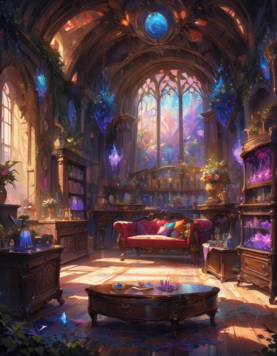 detailed textures, high quality, high resolution, high precision, realism, color correction, correct lighting settings, harmonious composition. A vibrant, detailed digital painting of an enchanted room filled with magical blue and purple crystal objects, tarot cards, amulets, runes on the walls, shelves, tables, couches, windows, magical artifacts like glowing crystals, ornate wooden furniture. The color scheme is vivid and striking, creating a dreamy atmosphere. colorful illustrations, highly detailed, high resolution, natural lighting, sharp focus, highly detailed illustration, high definition, in the style of octane rendering, hyper realistic. --ar 3:4 --niji 6