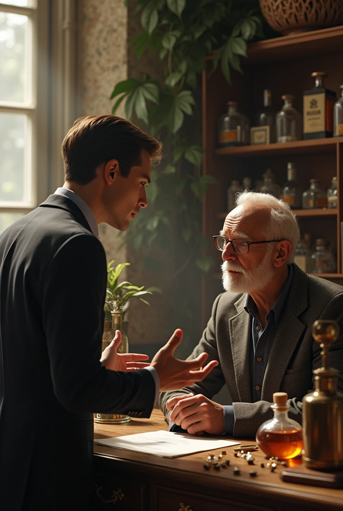 Young man explains to an elderly perfumer that he can create a good perfume
