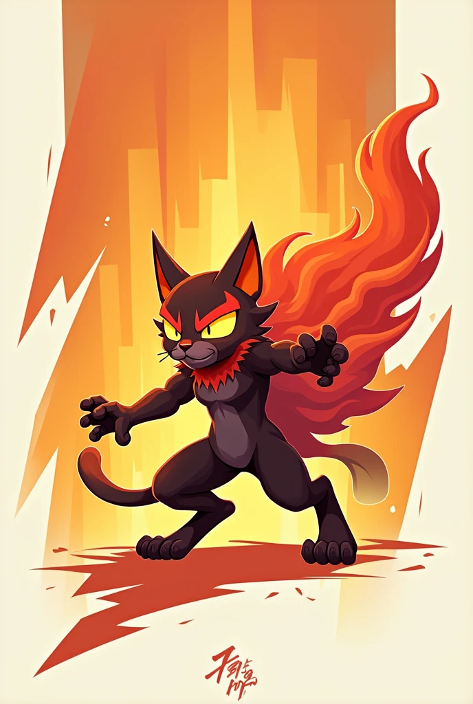 Design a 2D stylized illustration of 'Ignis,' a cat-like creature embodying the fire element. The art style should be sleek and bold, focusing on sharp, clean lines and dynamic angles. Ignis should be in a poised attack stance, with flames artistically integrated into its fur. The background should include abstract fire elements, using minimalistic shapes and warm hues to emphasize its fiery nature.