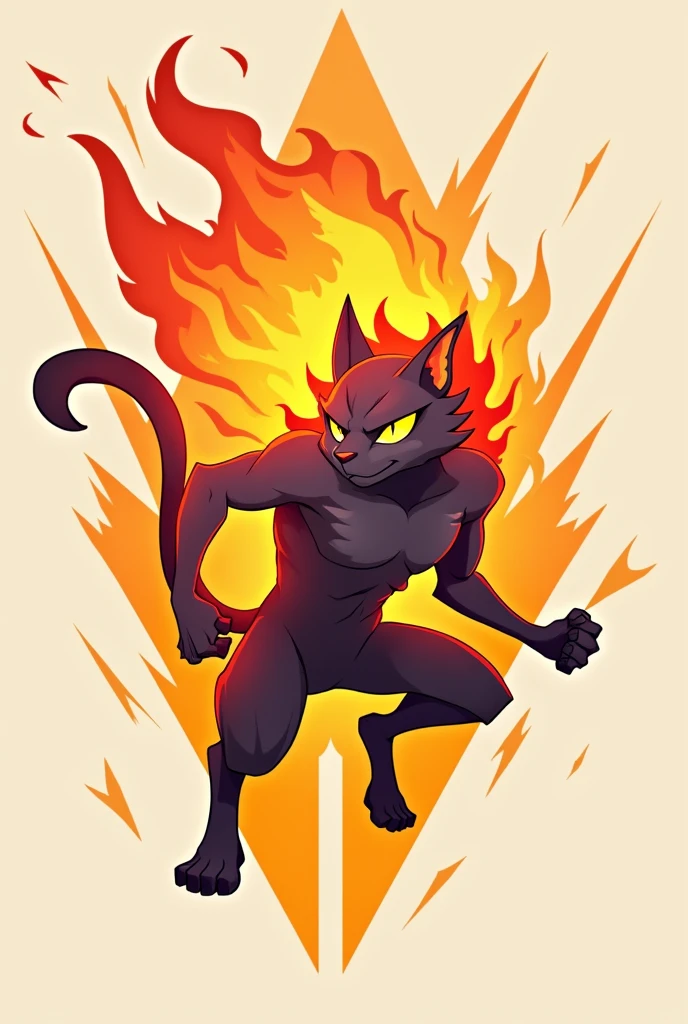 Design a 2D stylized illustration of 'Ignis,' a cat-like creature embodying the fire element. The art style should be sleek and bold, focusing on sharp, clean lines and dynamic angles. Ignis should be in a poised attack stance, with flames artistically integrated into its fur. The background should include abstract fire elements, using minimalistic shapes and warm hues to emphasize its fiery nature.