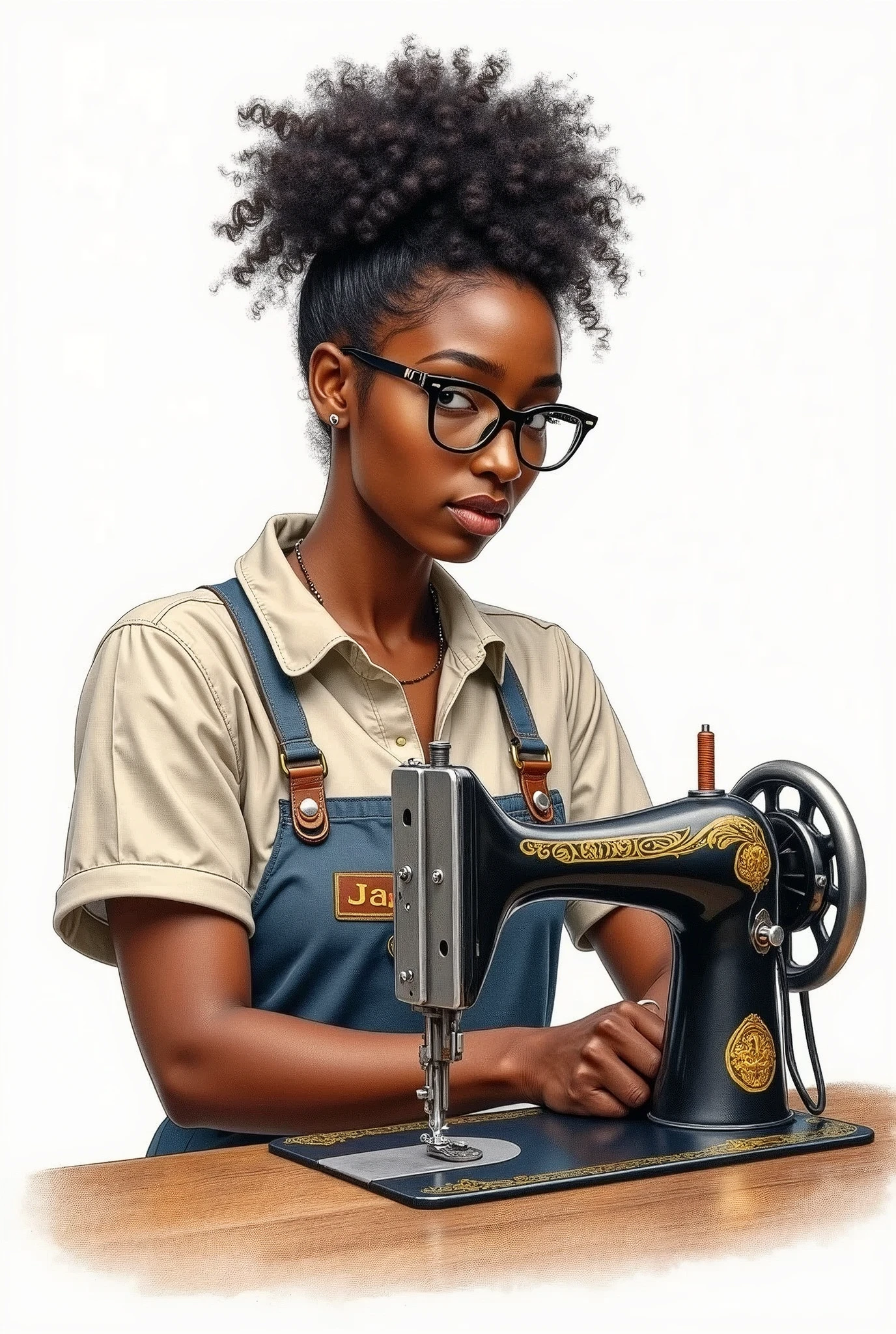 Drawing of a black woman with curly hair tied up and glasses with a sewing machine and a white background with her name on the apron Jaque 