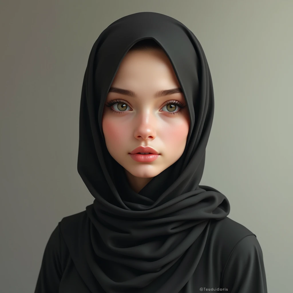 realisitic ,work of art, best qualityer, Kizi, young Angelina Jolie, hijab, hair covered, covered clothes, no exposed skin, portraite, photoshot_Lumiere, {{}}, ulzzang-6500-v1.1:0.8