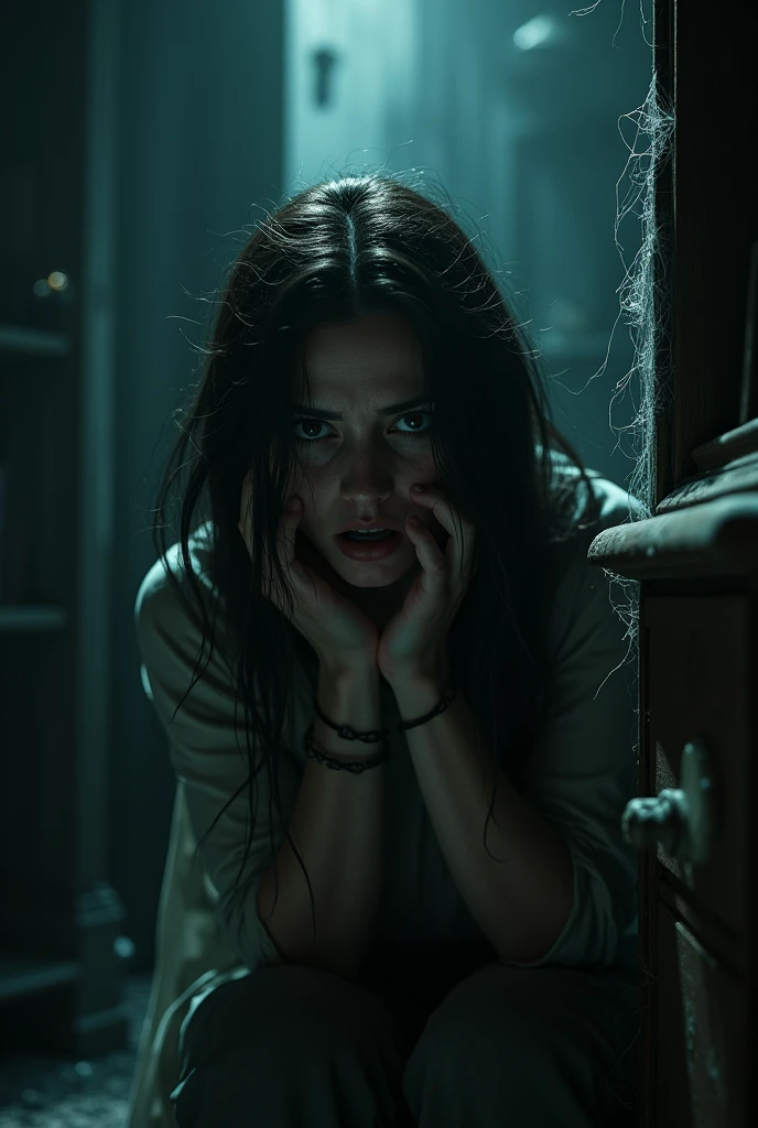 a scared woman in a dark room, horror, (best quality,4k,8k,highres,masterpiece:1.2),ultra-detailed,(realistic,photorealistic,photo-realistic:1.37),HDR,UHD,studio lighting,ultra-fine painting,sharp focus,physically-based rendering,extreme detail description,professional,vivid colors,bokeh,dramatic lighting,chiaroscuro,dark shadows,dramatic atmosphere,clutter,cobwebs,dark wood furniture,dramatic pose,terrified expression,wide eyes,trembling hands,cowering,gothic,dark fantasy,moody