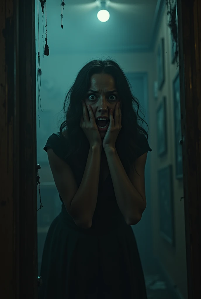 a scared woman in a dark room, horror, (best quality,4k,8k,highres,masterpiece:1.2),ultra-detailed,(realistic,photorealistic,photo-realistic:1.37),HDR,UHD,studio lighting,ultra-fine painting,sharp focus,physically-based rendering,extreme detail description,professional,vivid colors,bokeh,dramatic lighting,chiaroscuro,dark shadows,dramatic atmosphere,clutter,cobwebs,dark wood furniture,dramatic pose,terrified expression,wide eyes,trembling hands,cowering,gothic,dark fantasy,moody