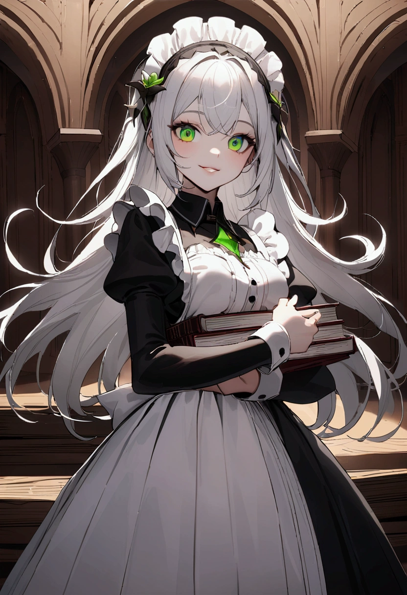 White-haired maid,Green Eyed Maid,Place your finger on your lips做出“嘘”动作,Holding a stack of books,Look into the camera,Smile,The corners of his mouth raised slightly,Place your finger on your lips,White-haired maid,Maid costume,White long hair,Shoulder-length hair,Red pupil,Standing in front of a brown wall,From the Ark of Tomorrow,ArknightGirl,