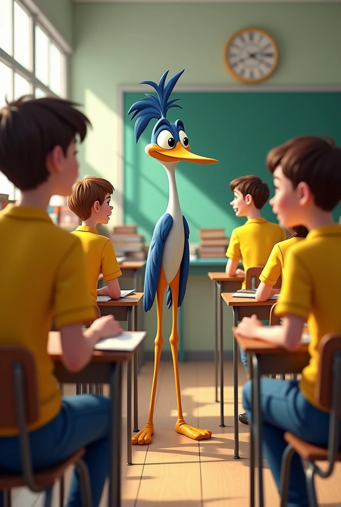 draw a picture of the roadrunner talking to agers in a yellow uniform in a classroom