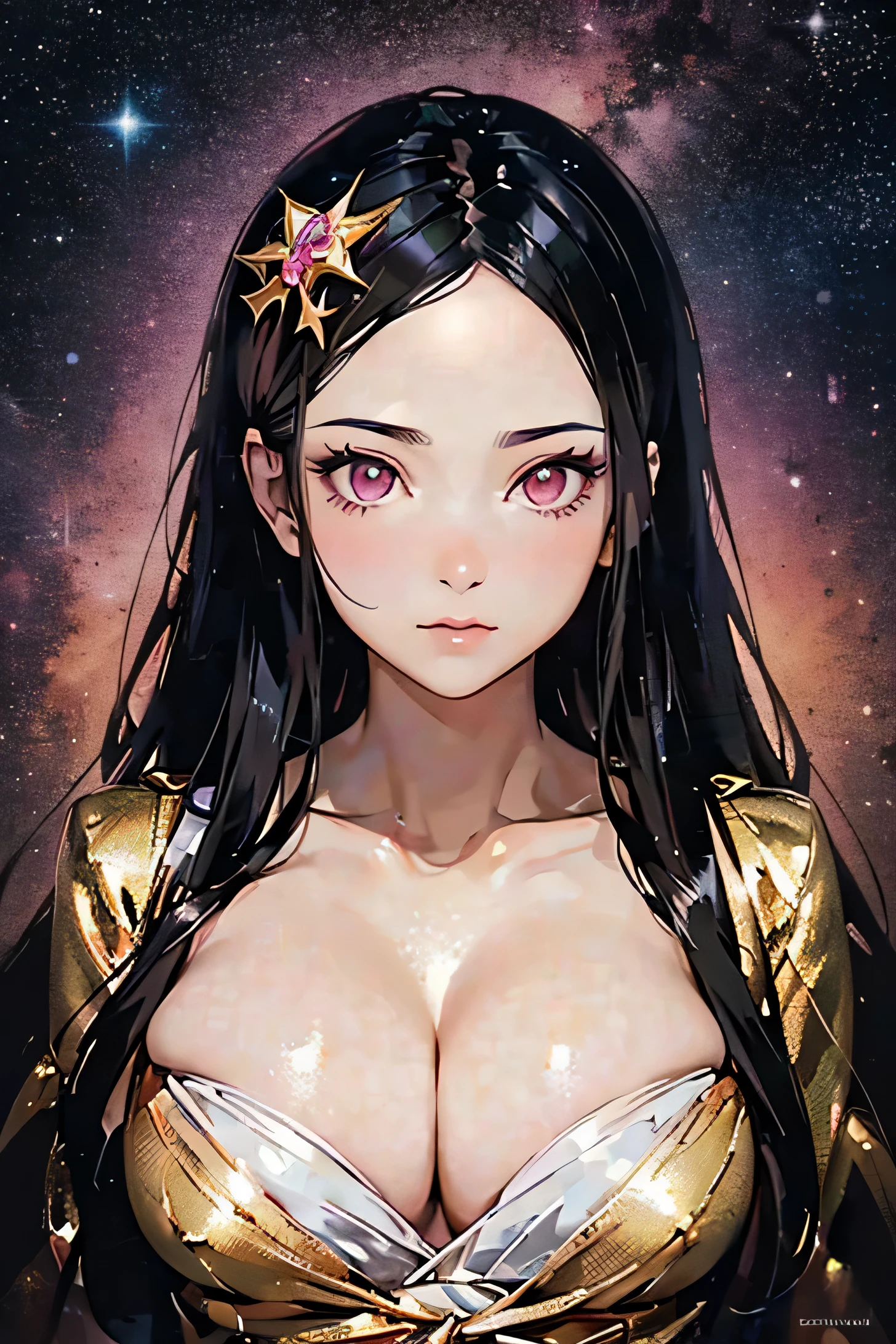 ((Nezuko Komado)), black hair, pink eyes, (shiny skin), huge , beautiful face, gold elements, golden lake, stars, space, (lightroom:1.13), soft light, (natural skin texture:1.2), (hyperrealism:1.2), sharp focus, focused, photorealistic, detailed coloring, detailed high quality, chromatic aberrations, ultra detailed quality skin, detailed ray tracing lighting, minimal, gold and pink monochromatic color palette, ulzzang, (((cleavag(Portrait))), 
