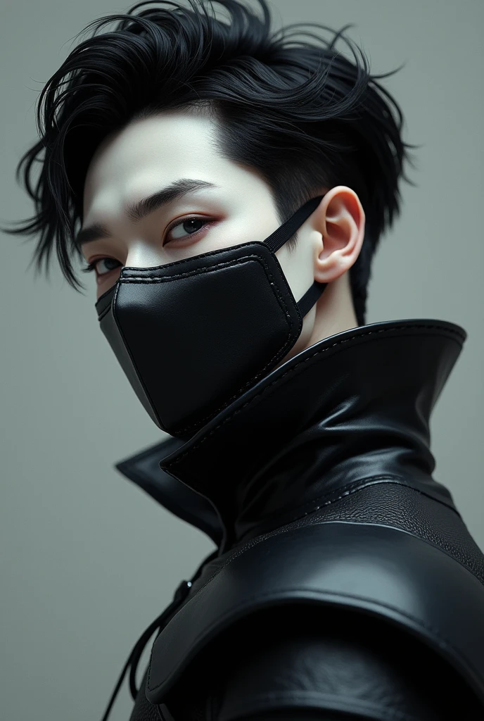 young man. porcelain skin. hair black as night. thick eyebrows. looking sideways. a leather mask covers his mouth. black armor short hair. White skin. 
