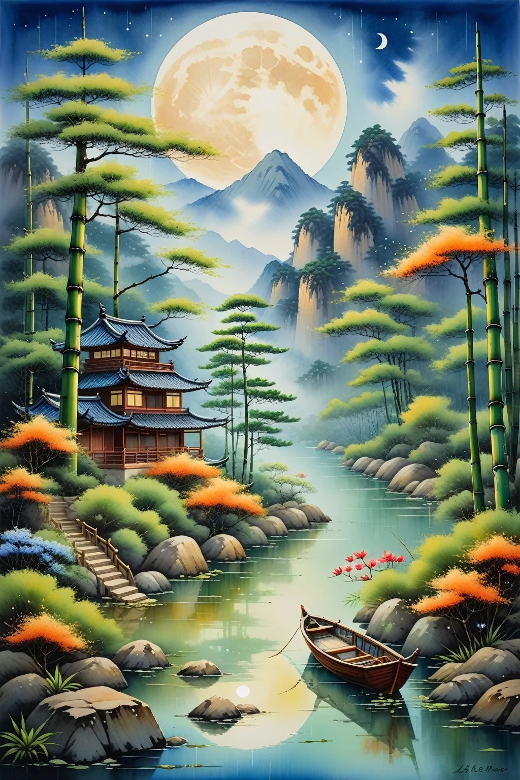 oil and watercolor painting,
After the new rain in the empty mountains,the weather is late for autumn.,
The moon between pines.,Clear Spring Stone Top.Noisy bamboo returns to the female.,Lotus movement under the fishing boat.,
Let the spring flower rest,The king can stay,