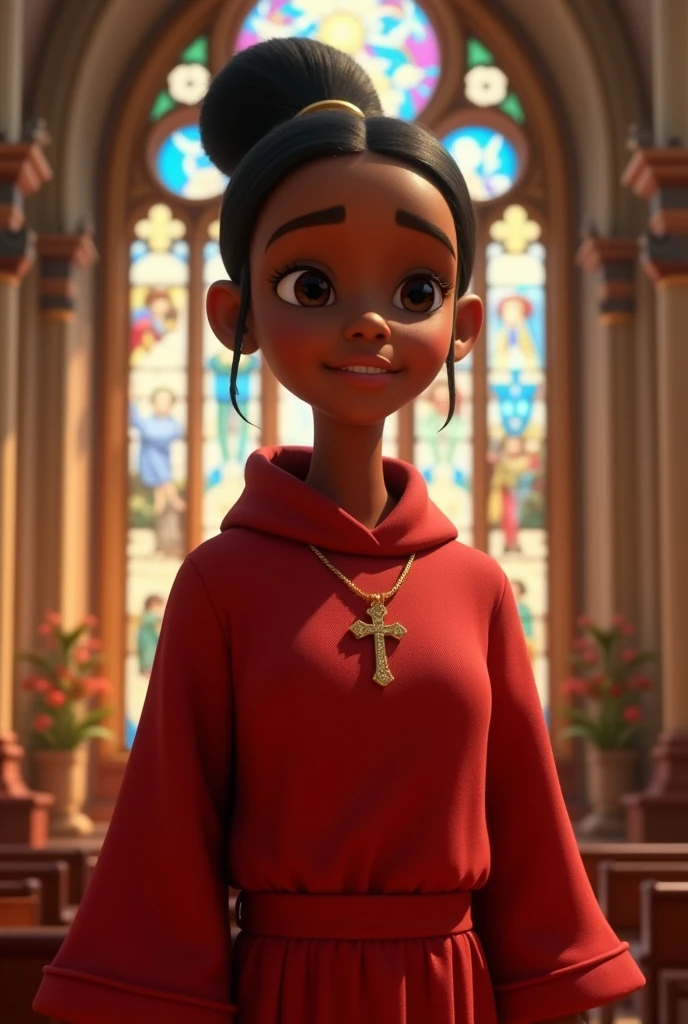 Pixar-inspired 3D poster of a young black woman with straight hair tied in a bun, wearing a red acolyte's robe,with a small crucifix around his neck, inside a church
